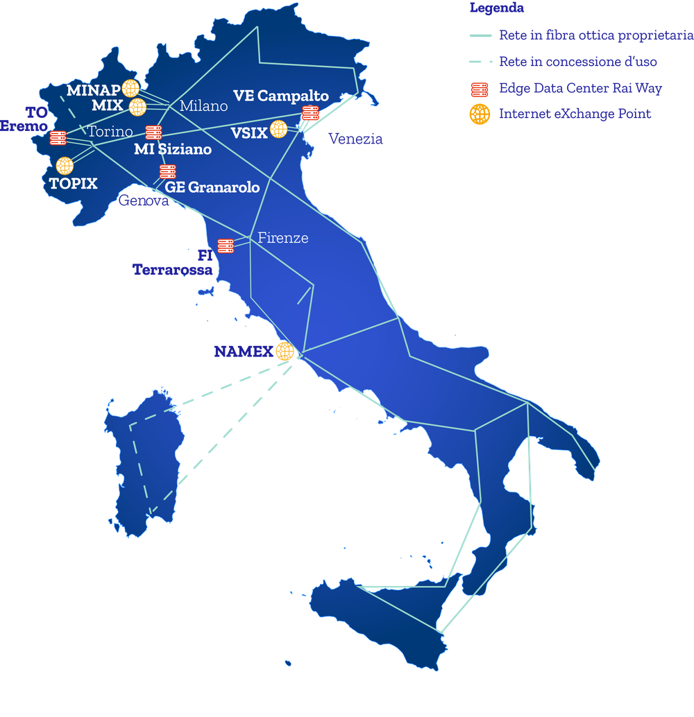 infografica dell'Italia con la presenza di rete fibe, connessioni e data center Rai Way